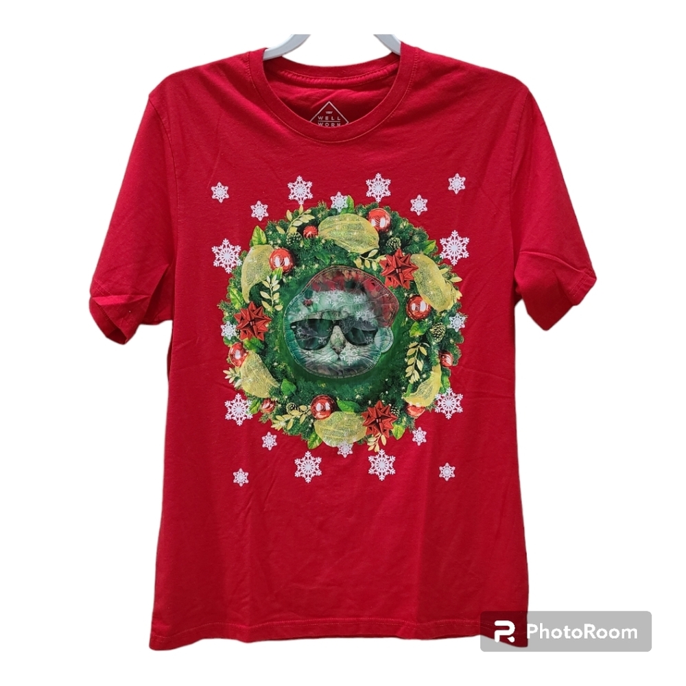 Ugly Christmas Shirt Holographic Cool Cat Red Size XL Short Sleeve